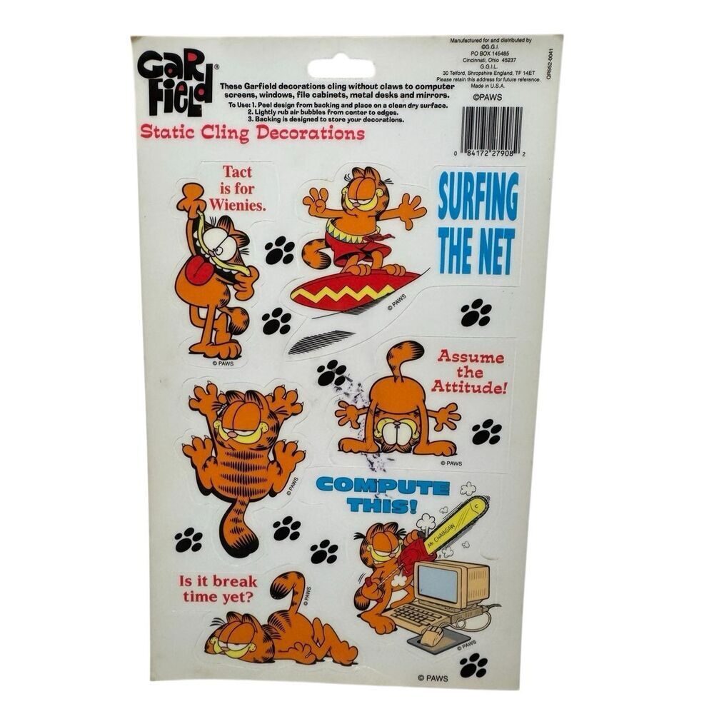 Garfield Static Cling Stickers/Decorations - New Old Stock